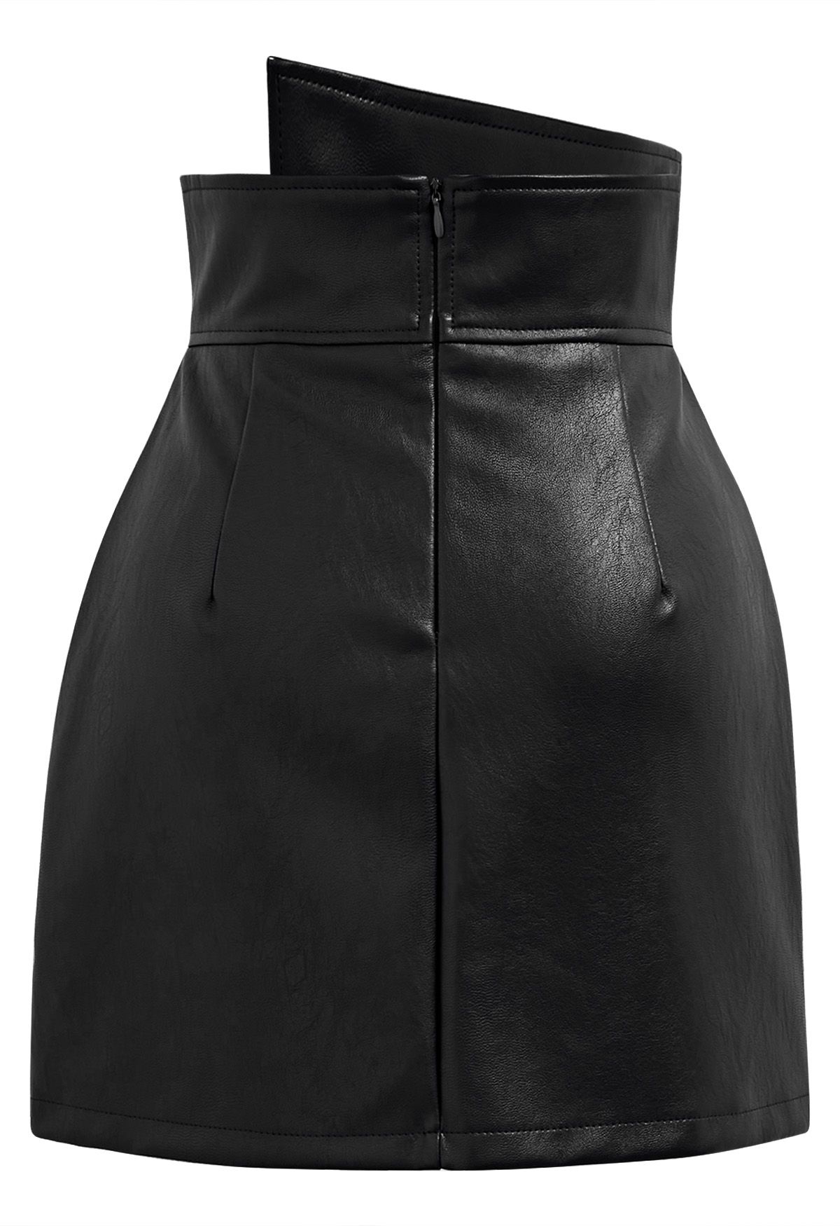 Faux Leather Asymmetric Buttoned Flap Mini Skirt in Black