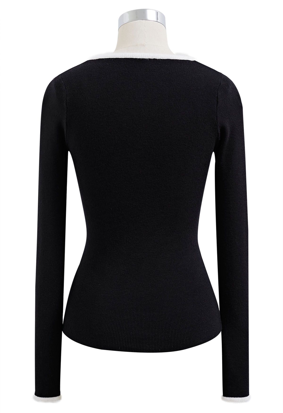 Fuzzy Contrast Edge Scoop Neck Fitted Top in Black