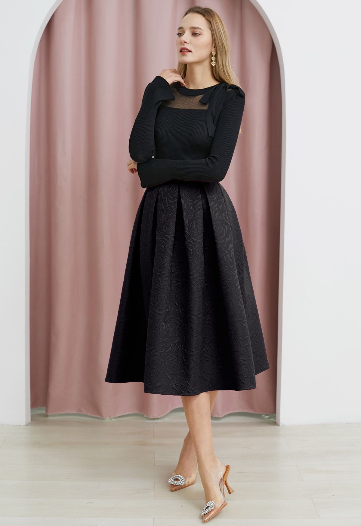 Embossed Floral Pleated Flare Midi Skirt in Black