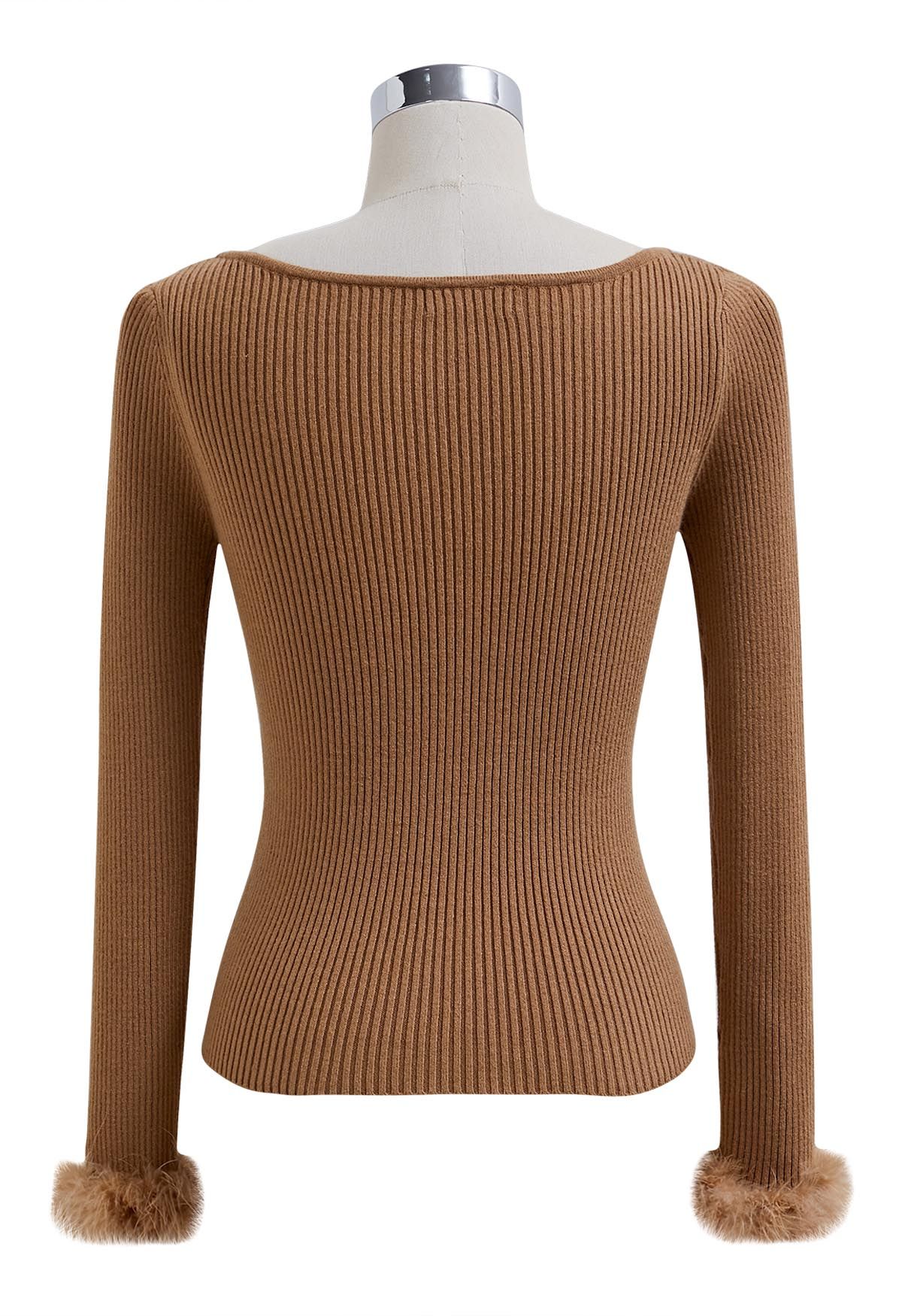 Wavy Neckline Feather Trim Cuffs Knit Top in Tan