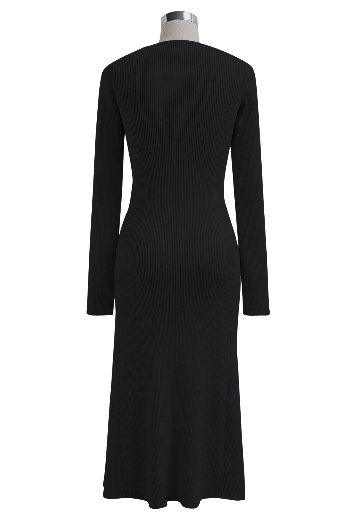 Asymmetric Cutout Neckline Rib Knit Midi Dress in Black