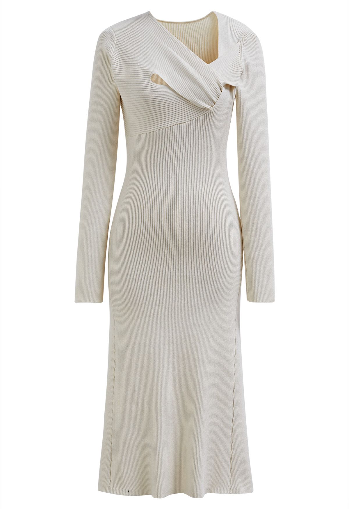 Asymmetric Cutout Neckline Rib Knit Midi Dress in Ivory