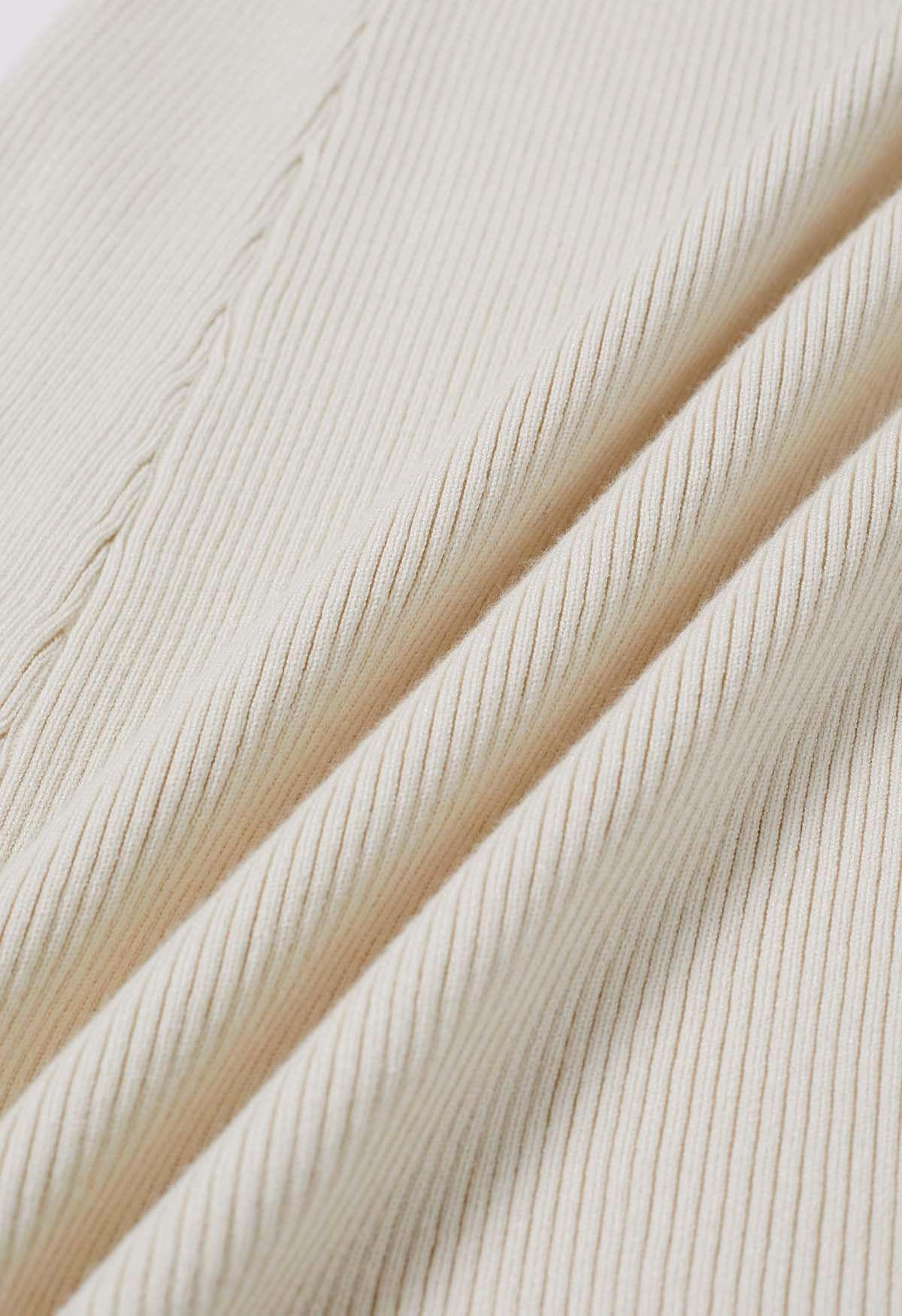 Asymmetric Cutout Neckline Rib Knit Midi Dress in Ivory