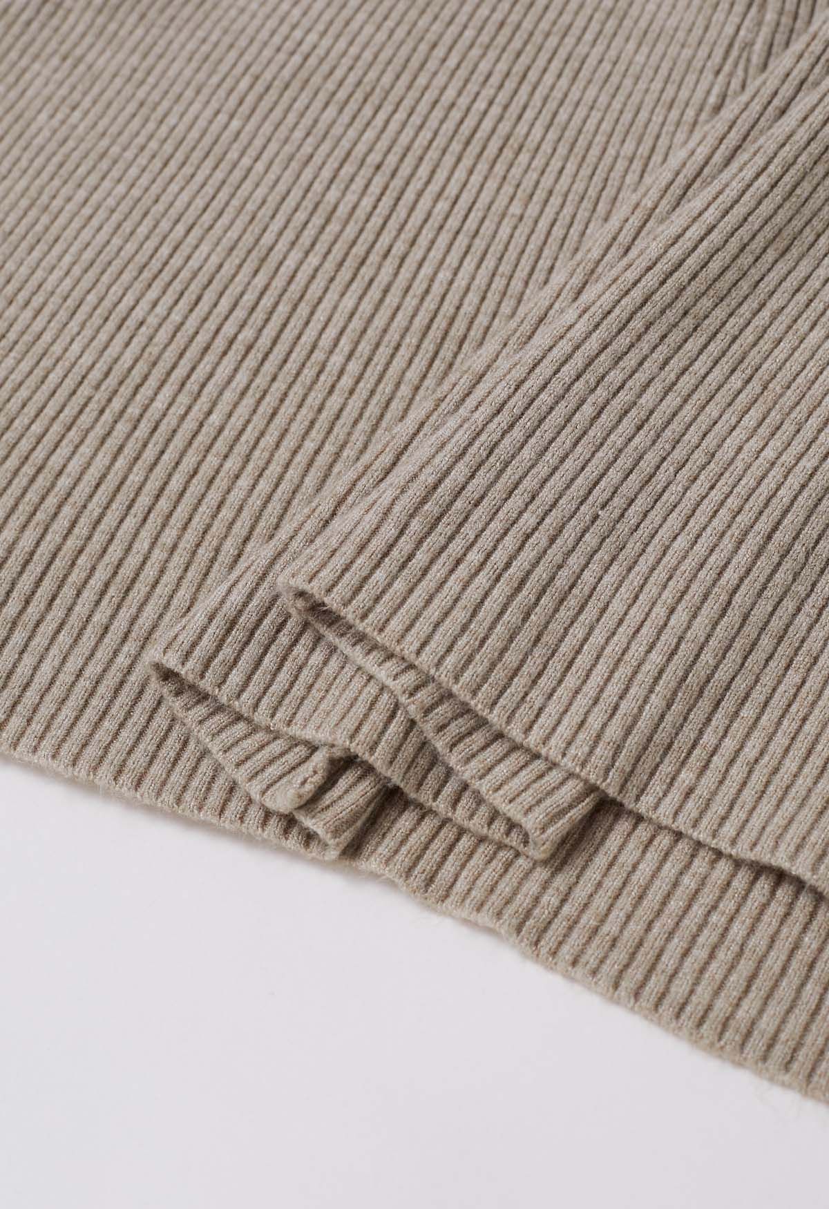 Cross Waist Detail Faux-Wrap Knit Dress in Oatmeal