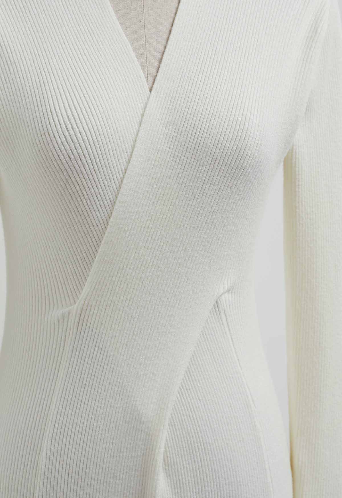 Cross Waist Detail Faux-Wrap Knit Dress in Ivory