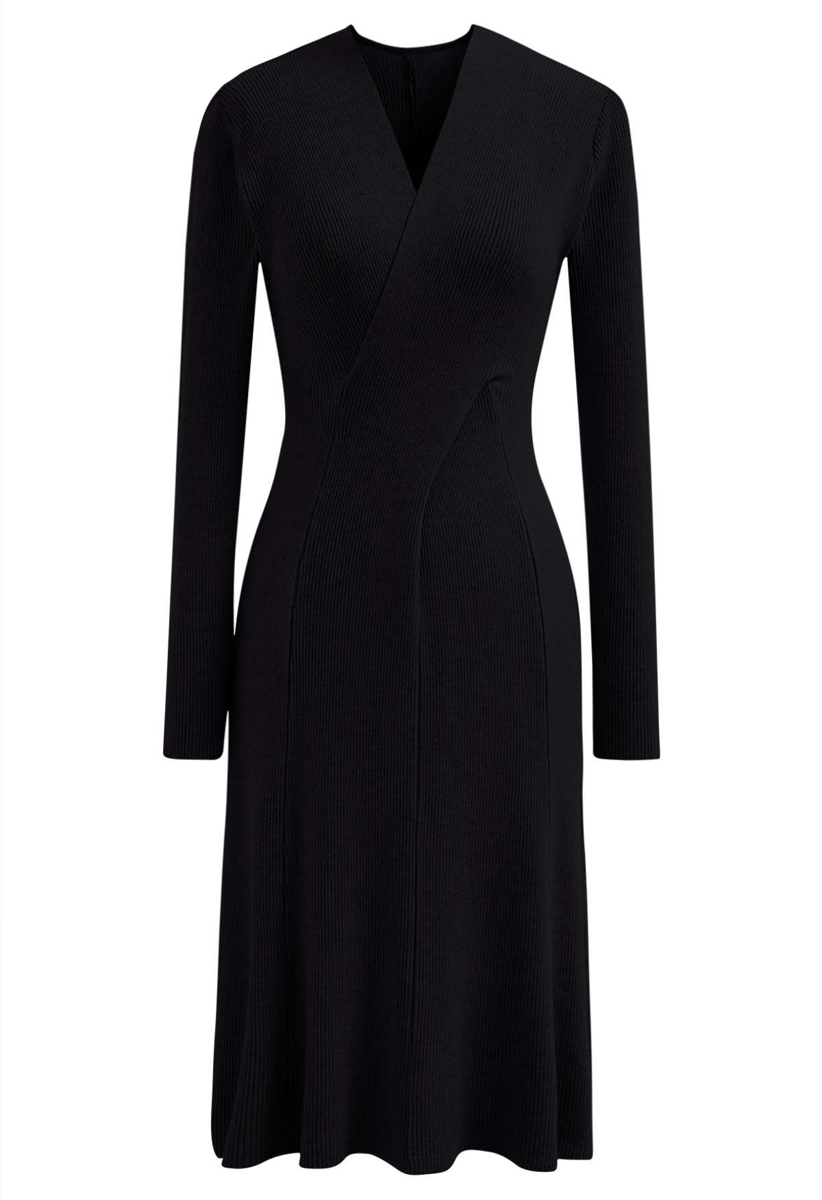 Cross Waist Detail Faux-Wrap Knit Dress in Black