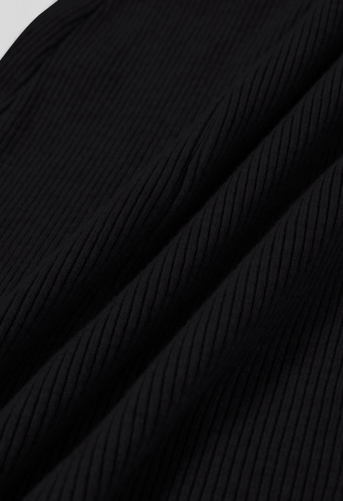Cross Waist Detail Faux-Wrap Knit Dress in Black