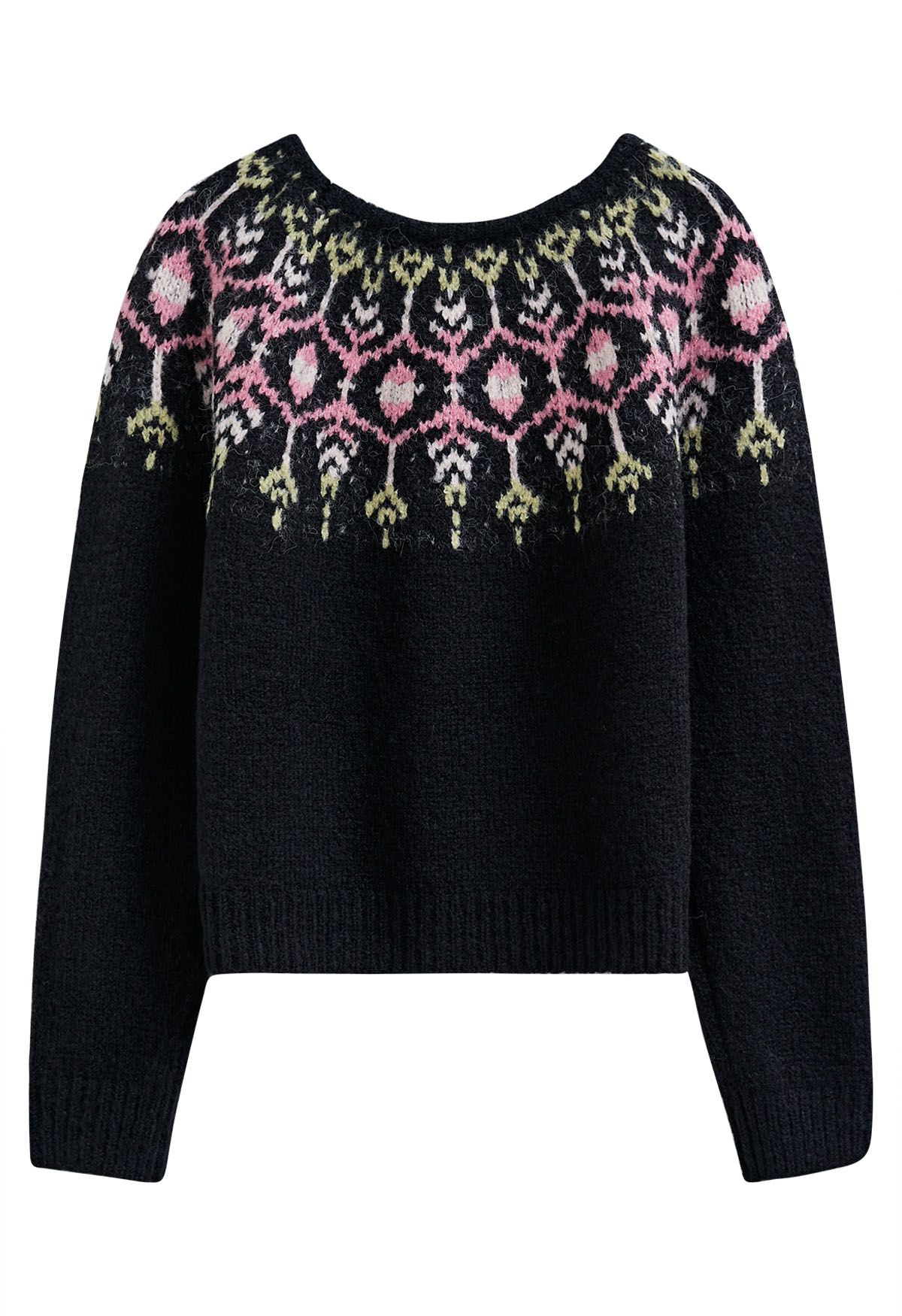 Newleaf Pattern Fuzzy Knit Sweater in Black