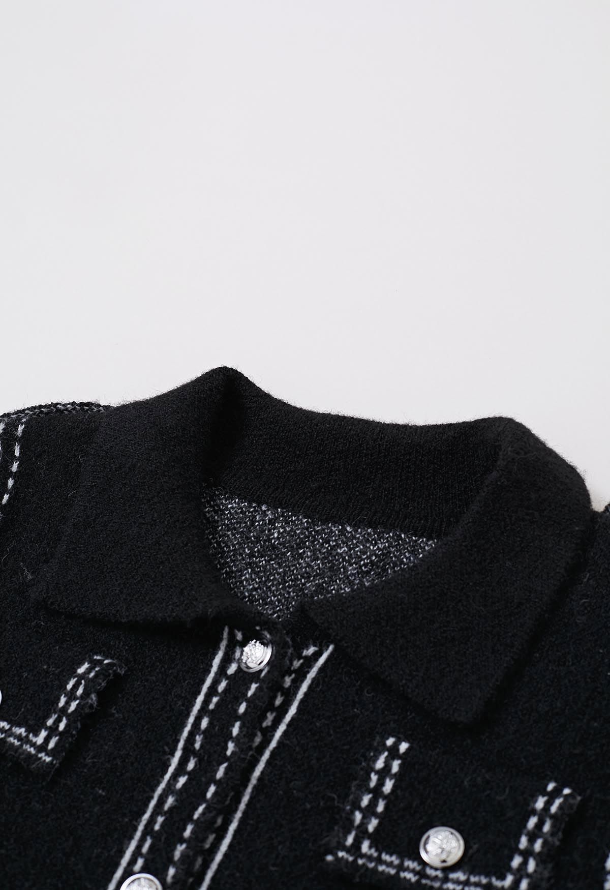 Contrast Stitch Button Front Fuzzy Knit Dress in Black