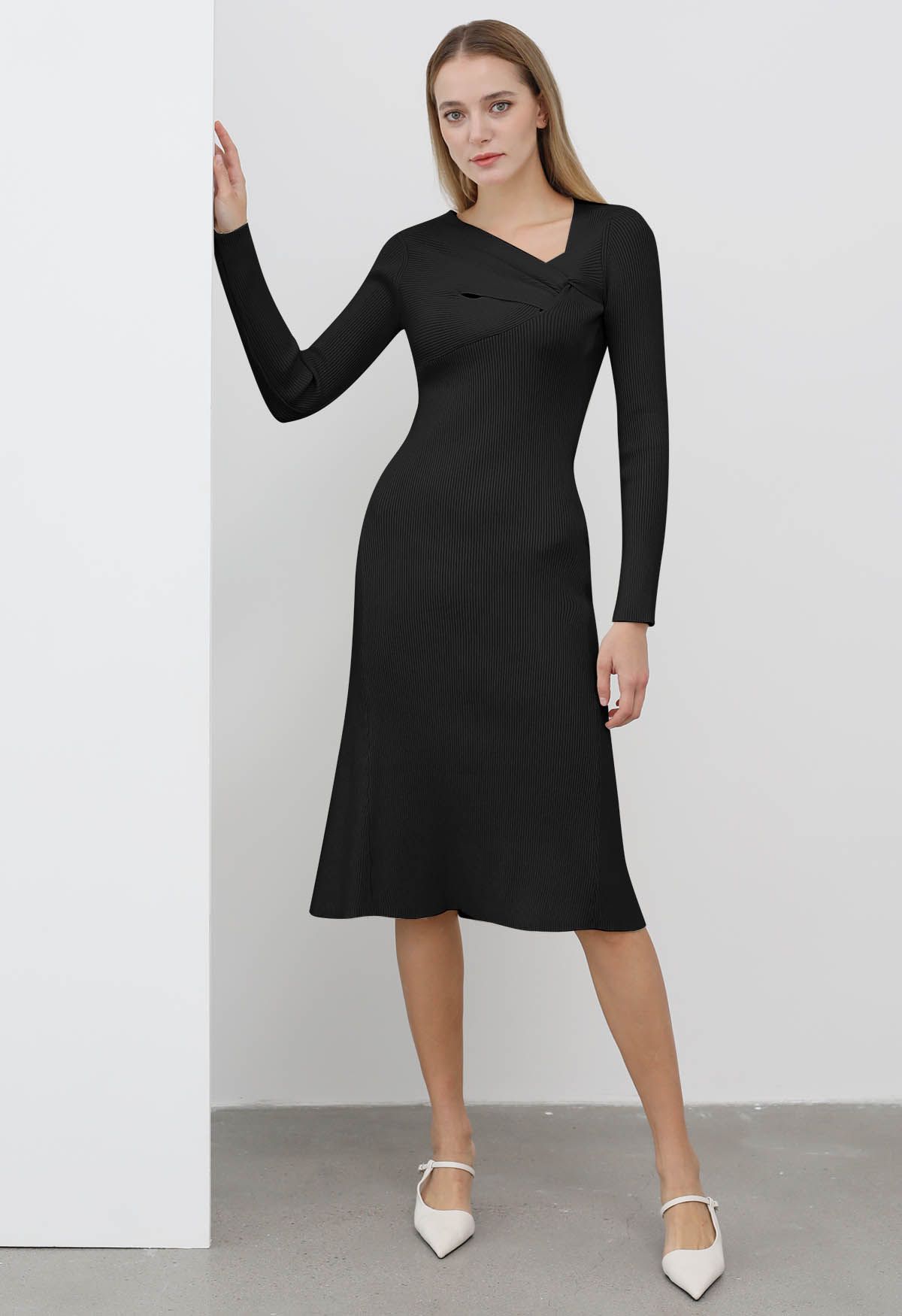 Asymmetric Cutout Neckline Rib Knit Midi Dress in Black