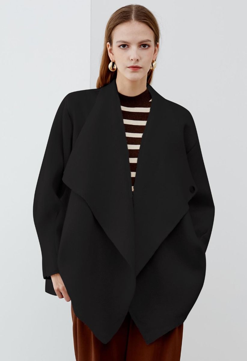 Casual-Chic Wide Lapel Knit Cardigan in Black