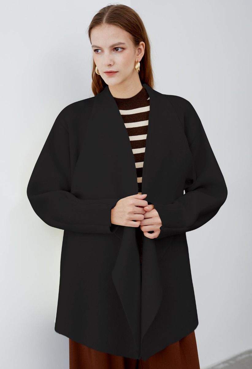 Casual-Chic Wide Lapel Knit Cardigan in Black