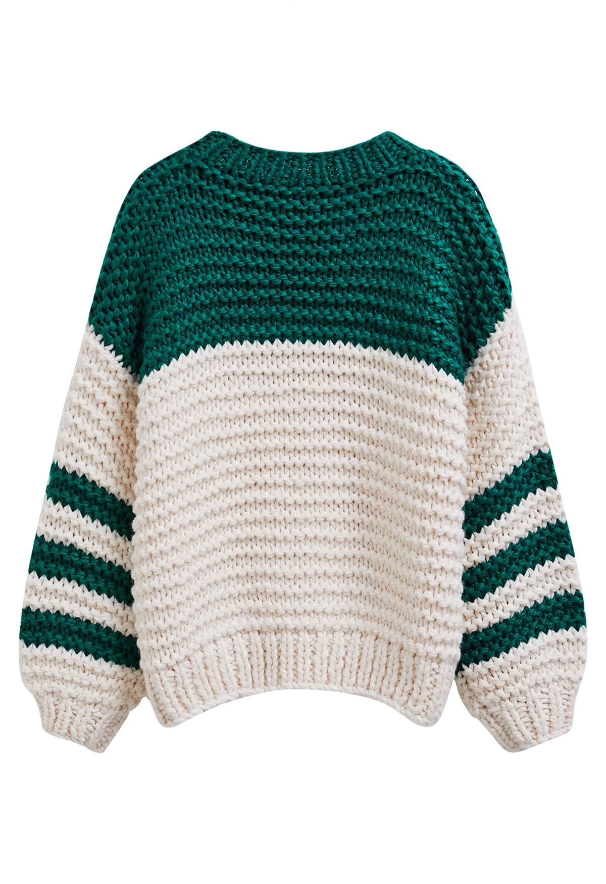 Two-Tone Striped Sleeves Chunky Hand Knit Sweater in Green