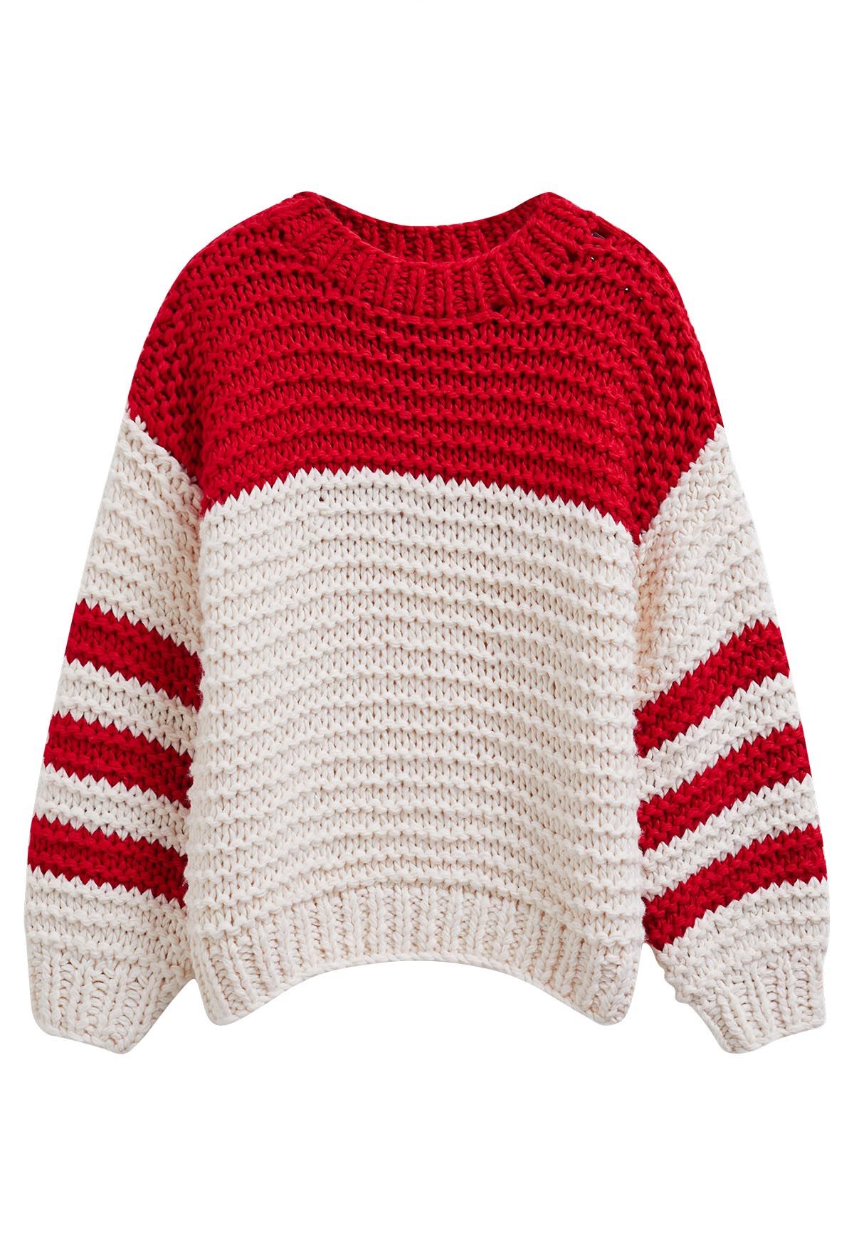 Two-Tone Striped Sleeves Chunky Hand Knit Sweater in Red