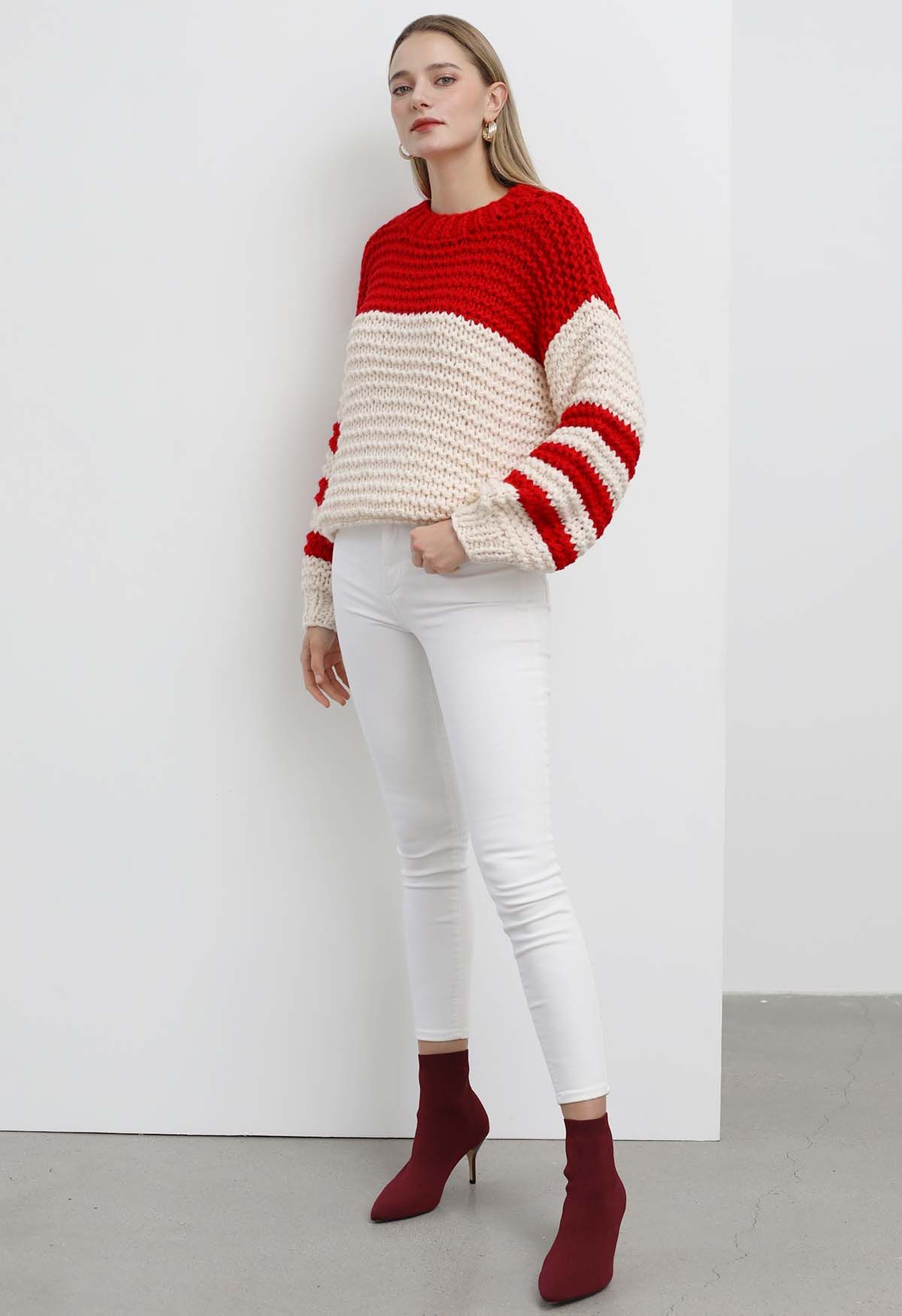 Two-Tone Striped Sleeves Chunky Hand Knit Sweater in Red