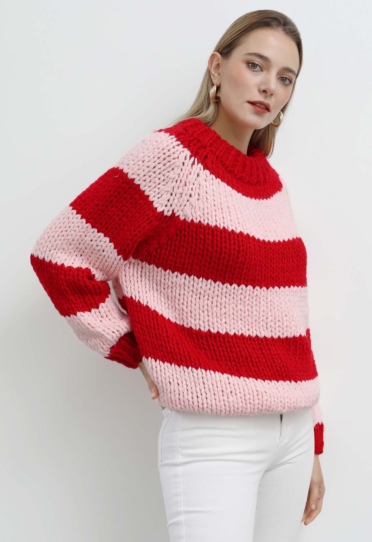 Festive Striped Chunky Hand Knit Sweater