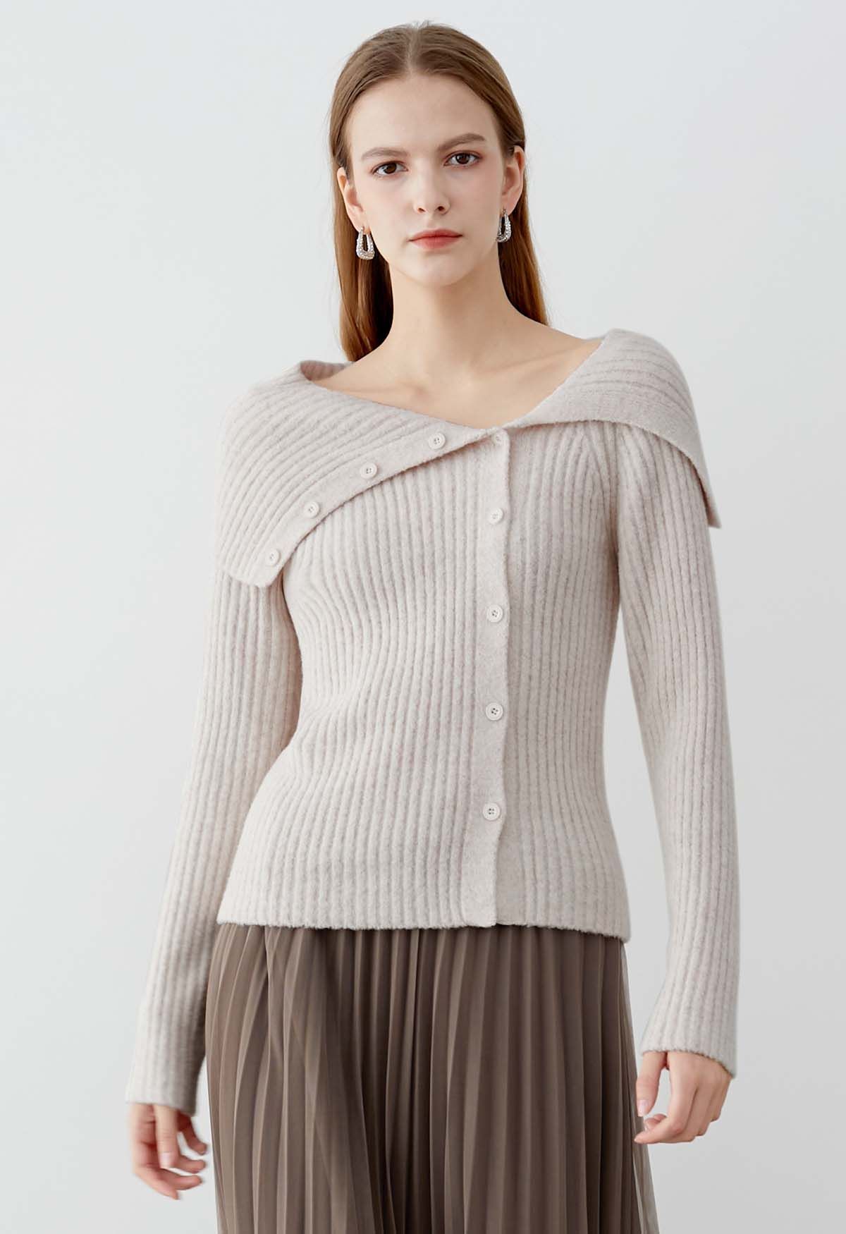 Flap Collar Side Button Down Ribbed Knit Top in Cream