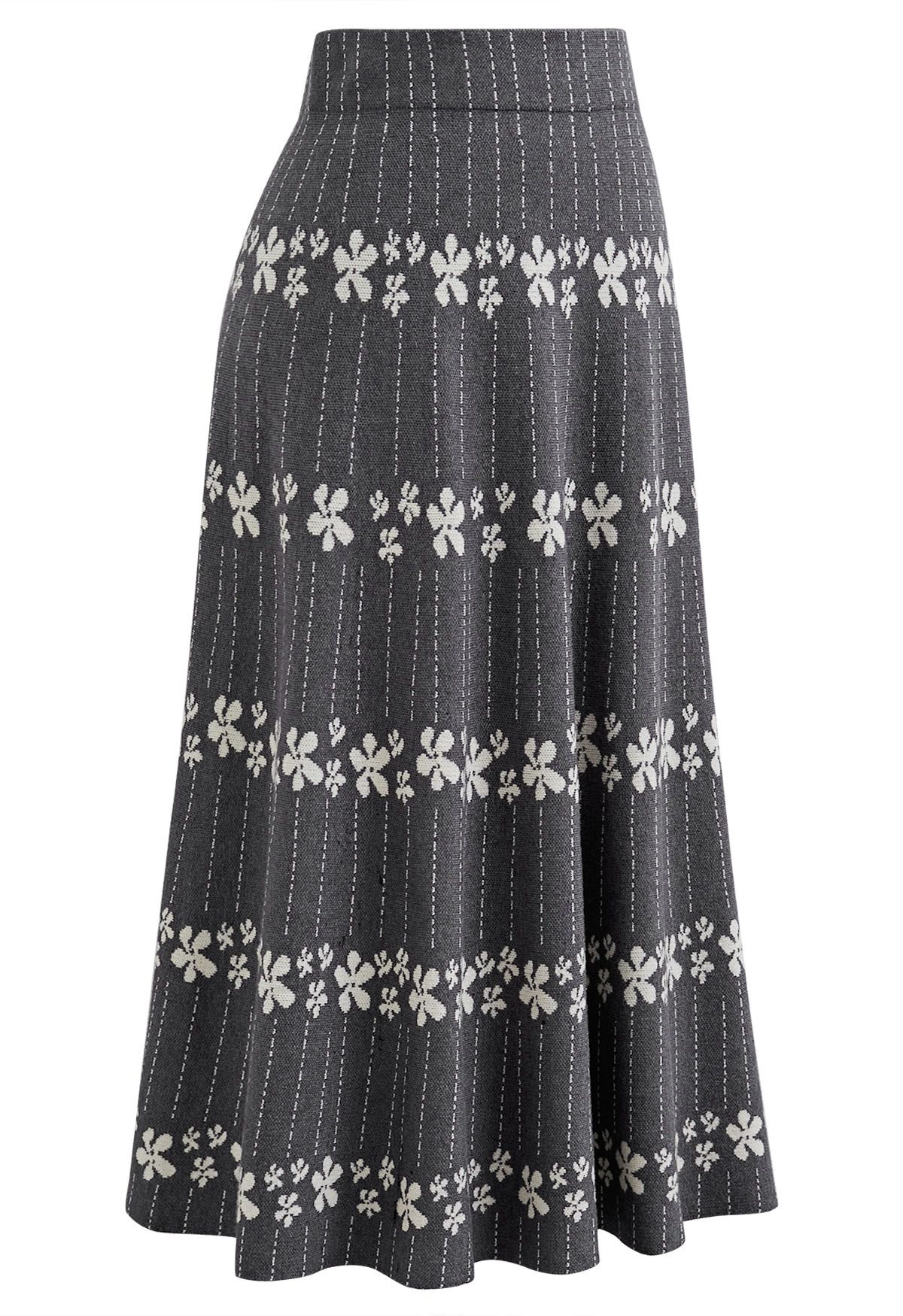 Floret Chain A-Line Knit Midi Skirt in Grey