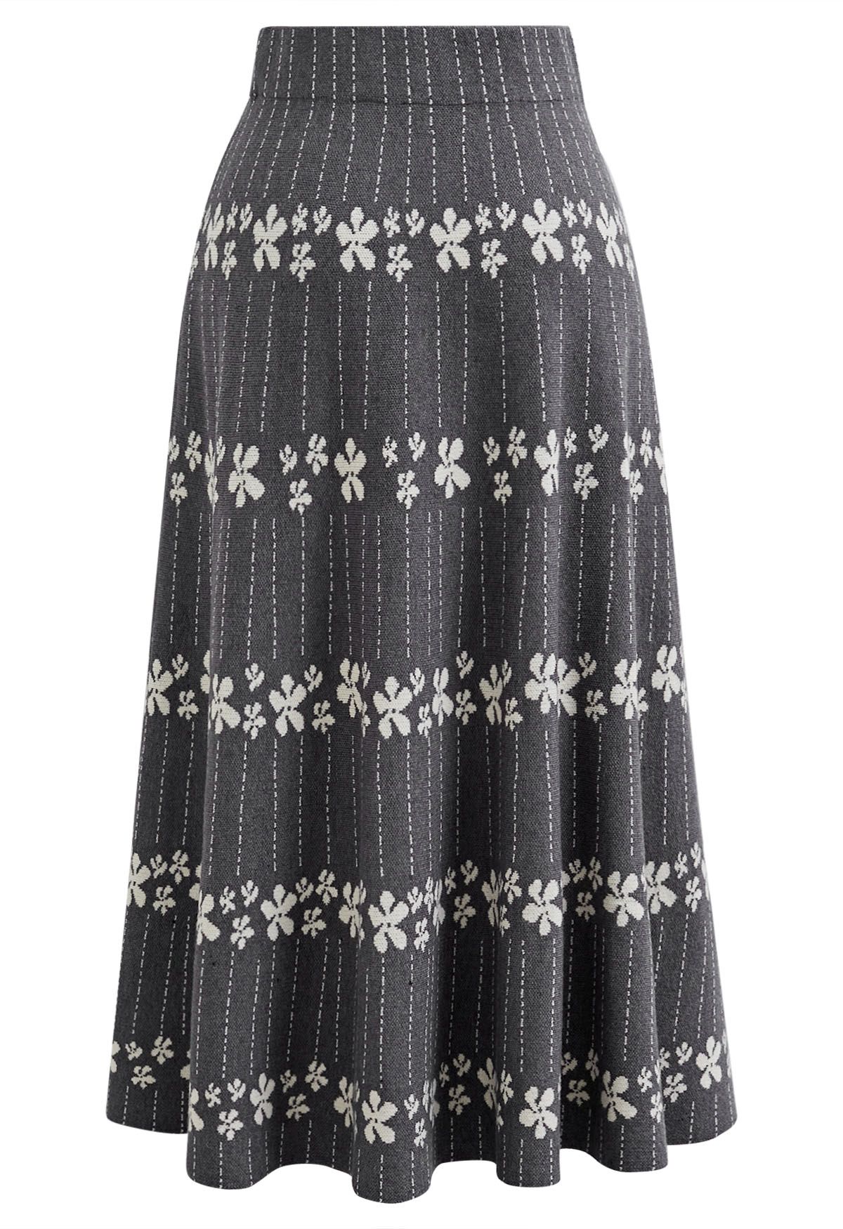 Floret Chain A-Line Knit Midi Skirt in Grey