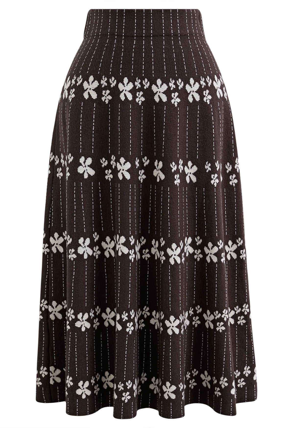 Floret Chain A-Line Knit Midi Skirt in Brown
