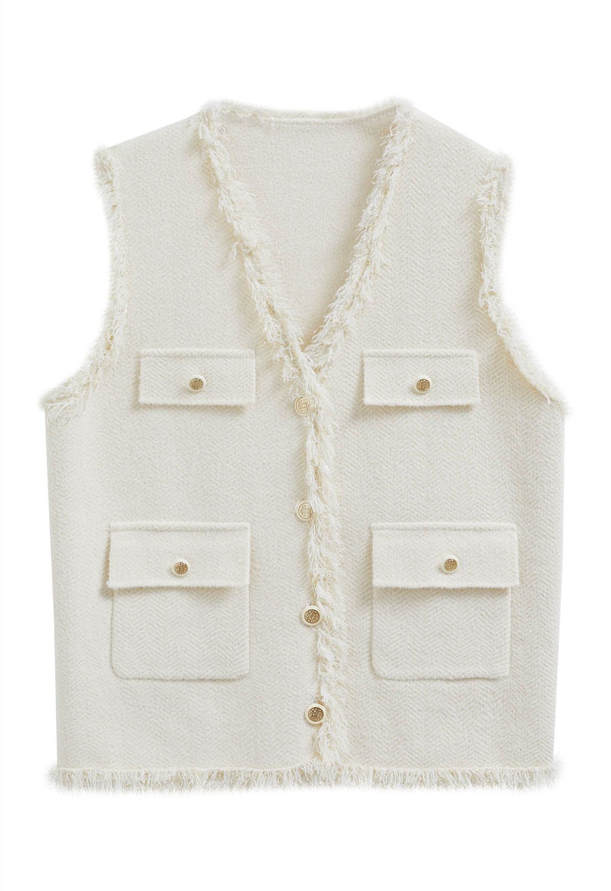Fringed Edge Buttoned Flap Pocket Knit Vest in Cream