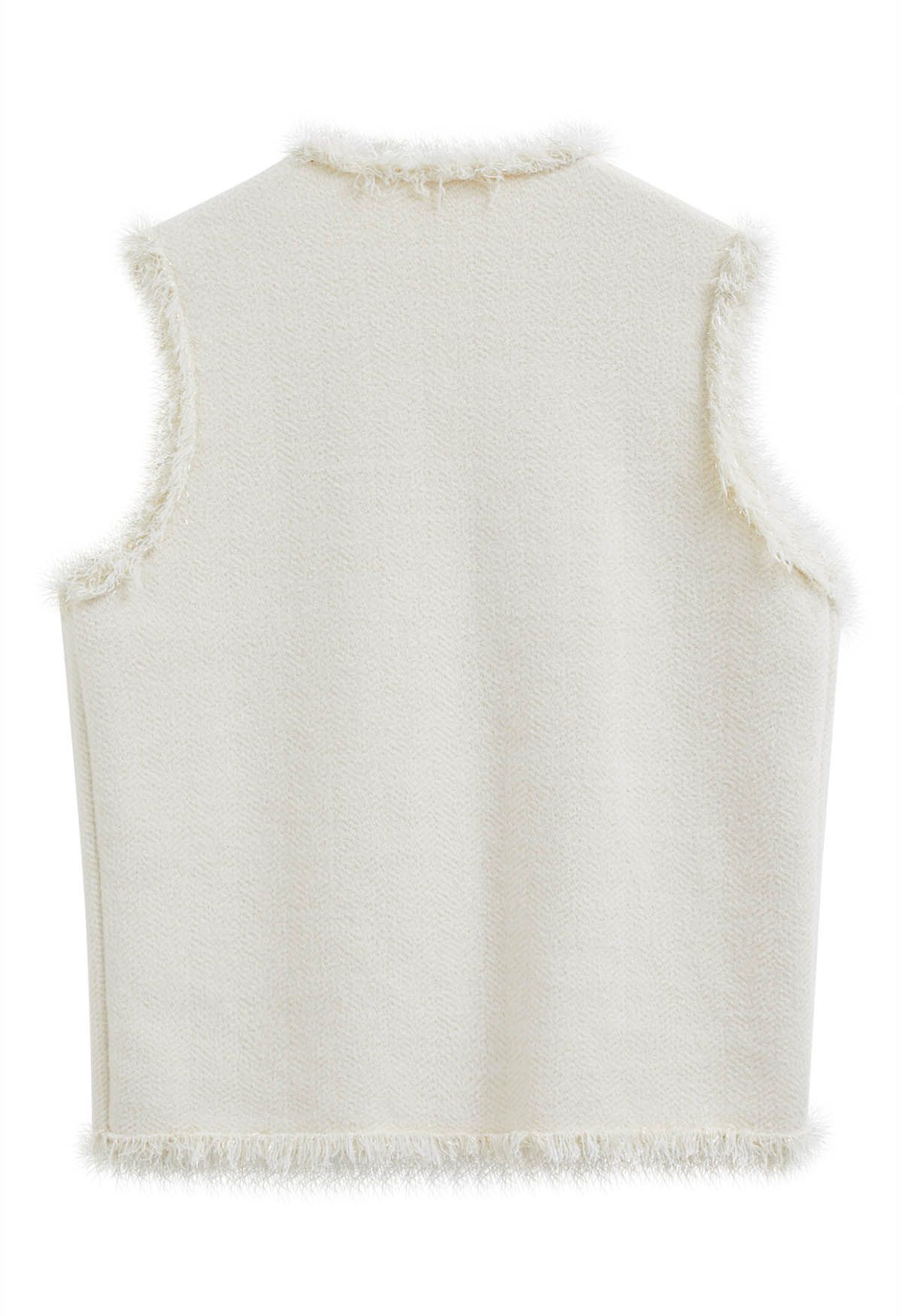 Fringed Edge Buttoned Flap Pocket Knit Vest in Cream