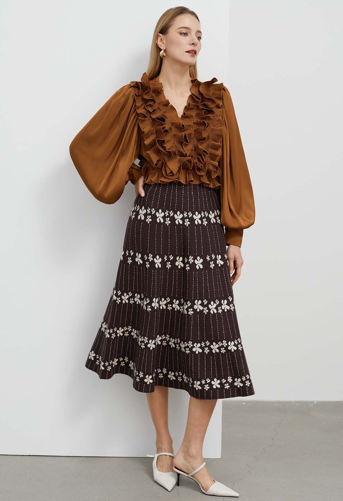 Floret Chain A-Line Knit Midi Skirt in Brown