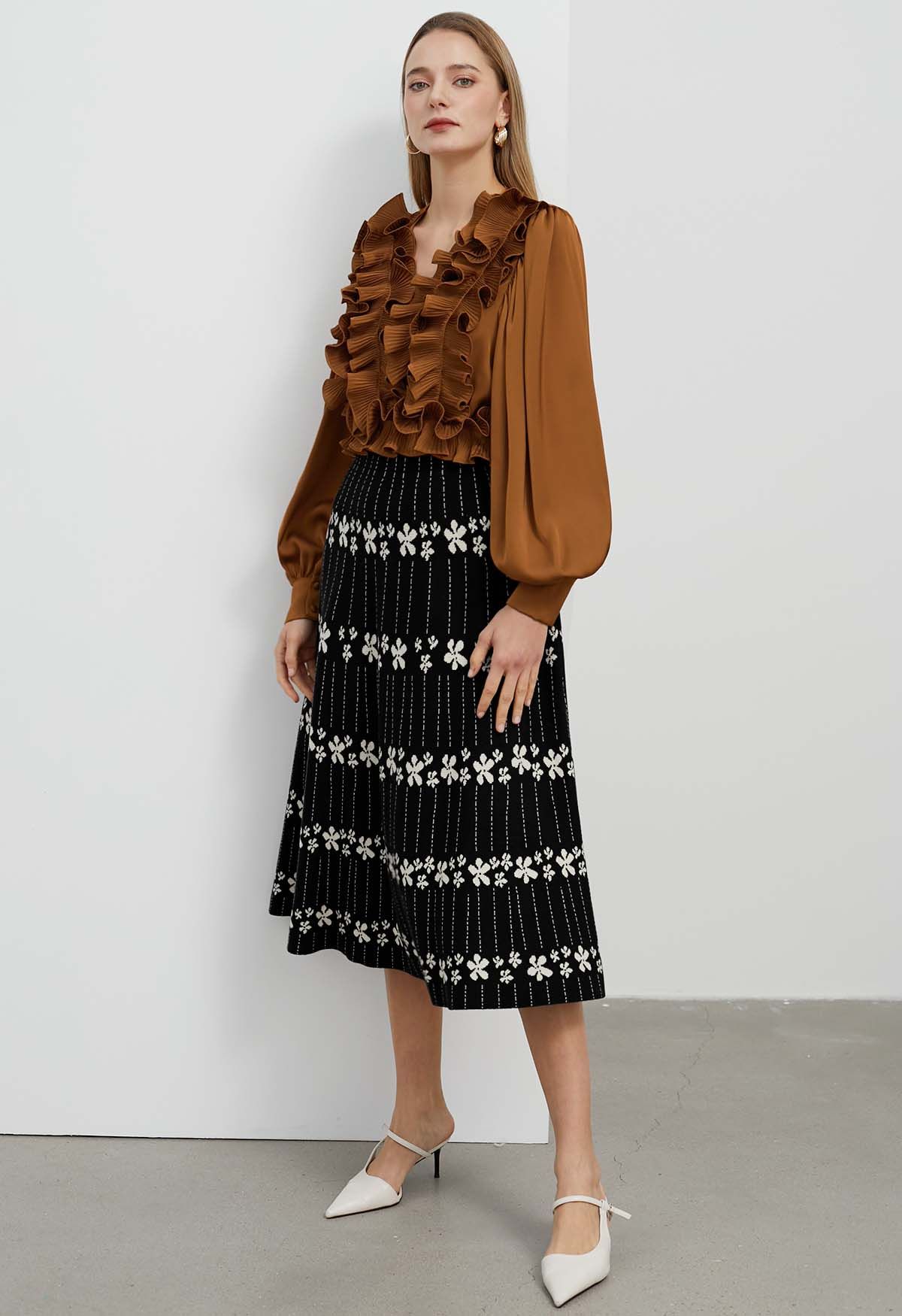 Floret Chain A-Line Knit Midi Skirt in Black