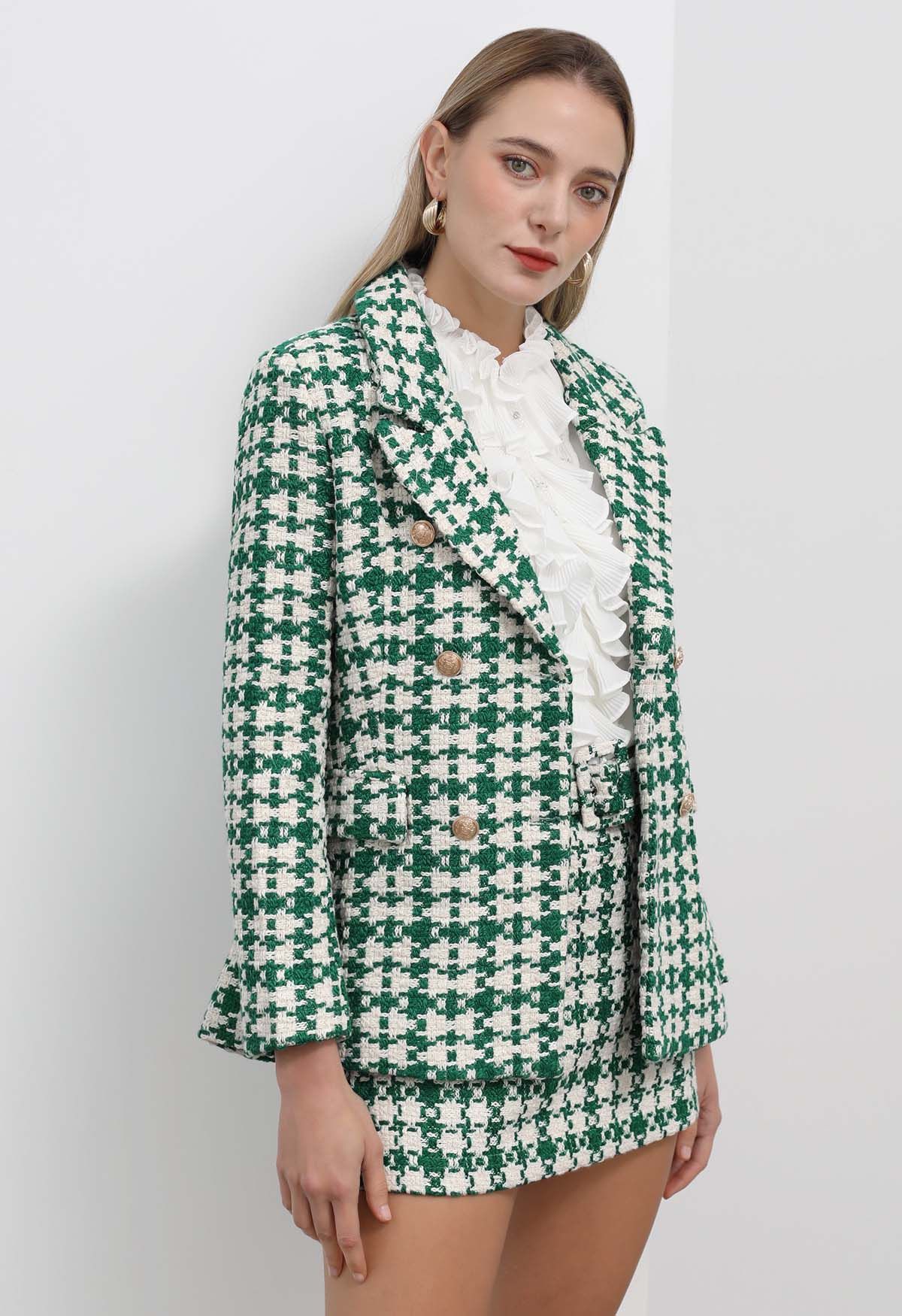 Lush Houndstooth Tweed Double-Breasted Blazer
