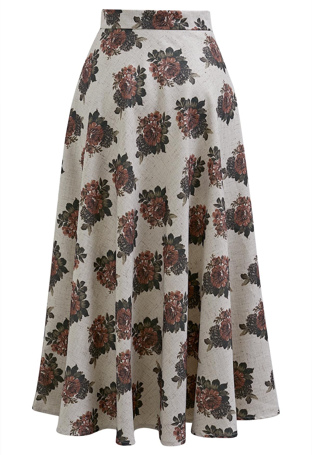 Vintage Bloom A-Line Midi Skirt