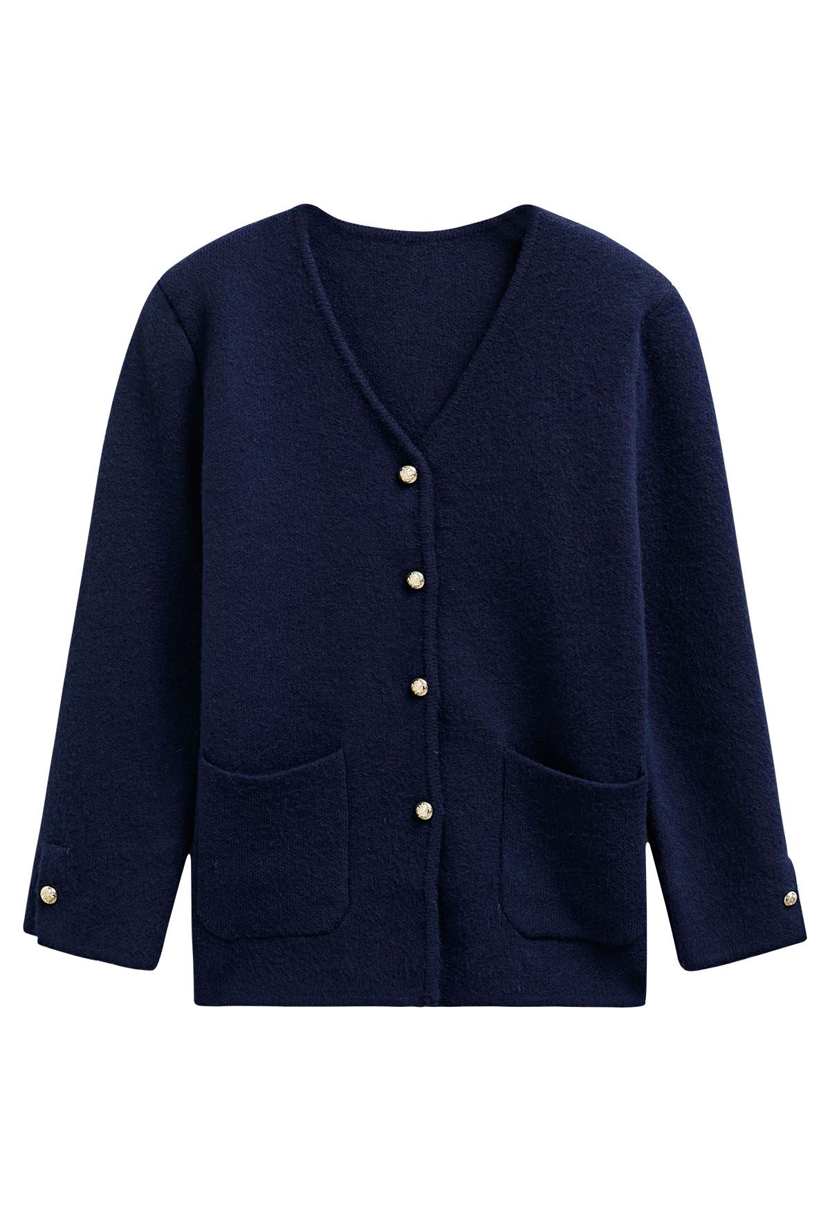Collarless V-Neck Patch Pockets Coat in Navy