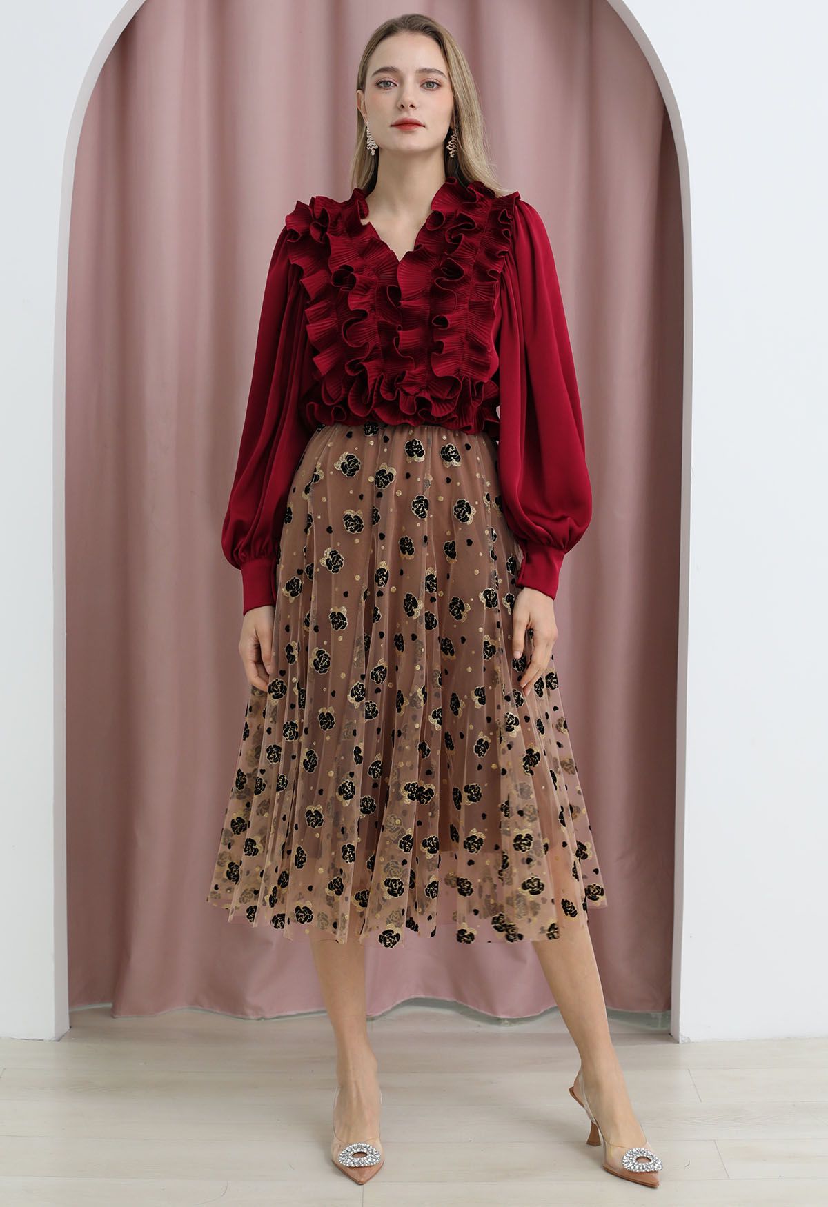 Glitter Velvet Rose Mesh Tulle Midi Skirt in Light Tan