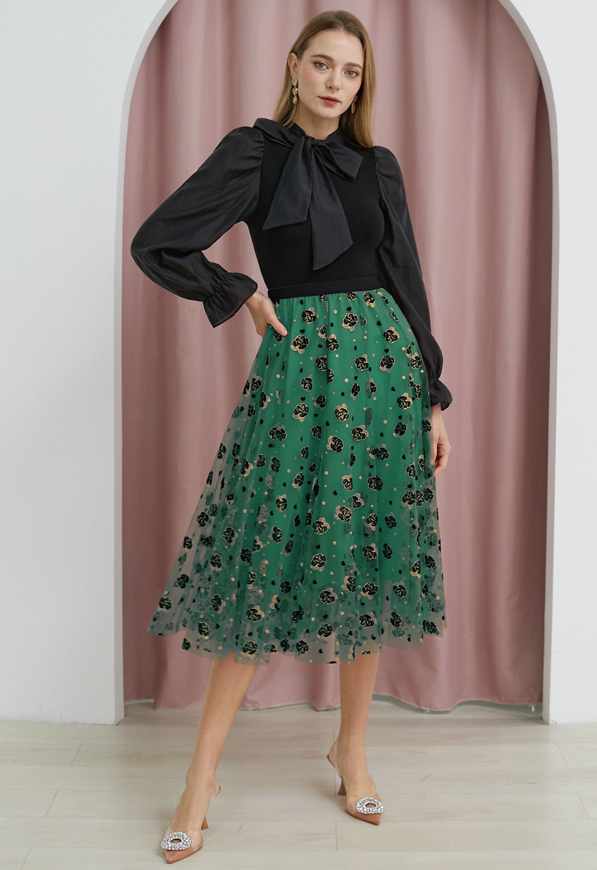 Glitter Velvet Rose Mesh Tulle Midi Skirt in Green
