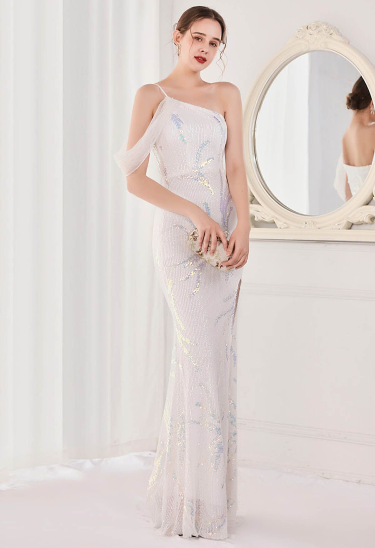 One-Shoulder Front Slit Sequined Maxi Gown in White