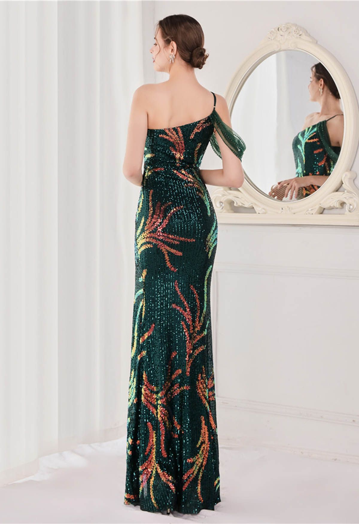One-Shoulder Front Slit Sequined Maxi Gown in Dark Green