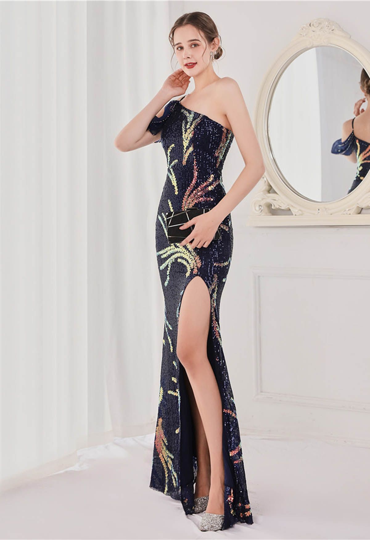One-Shoulder Front Slit Sequined Maxi Gown in Navy