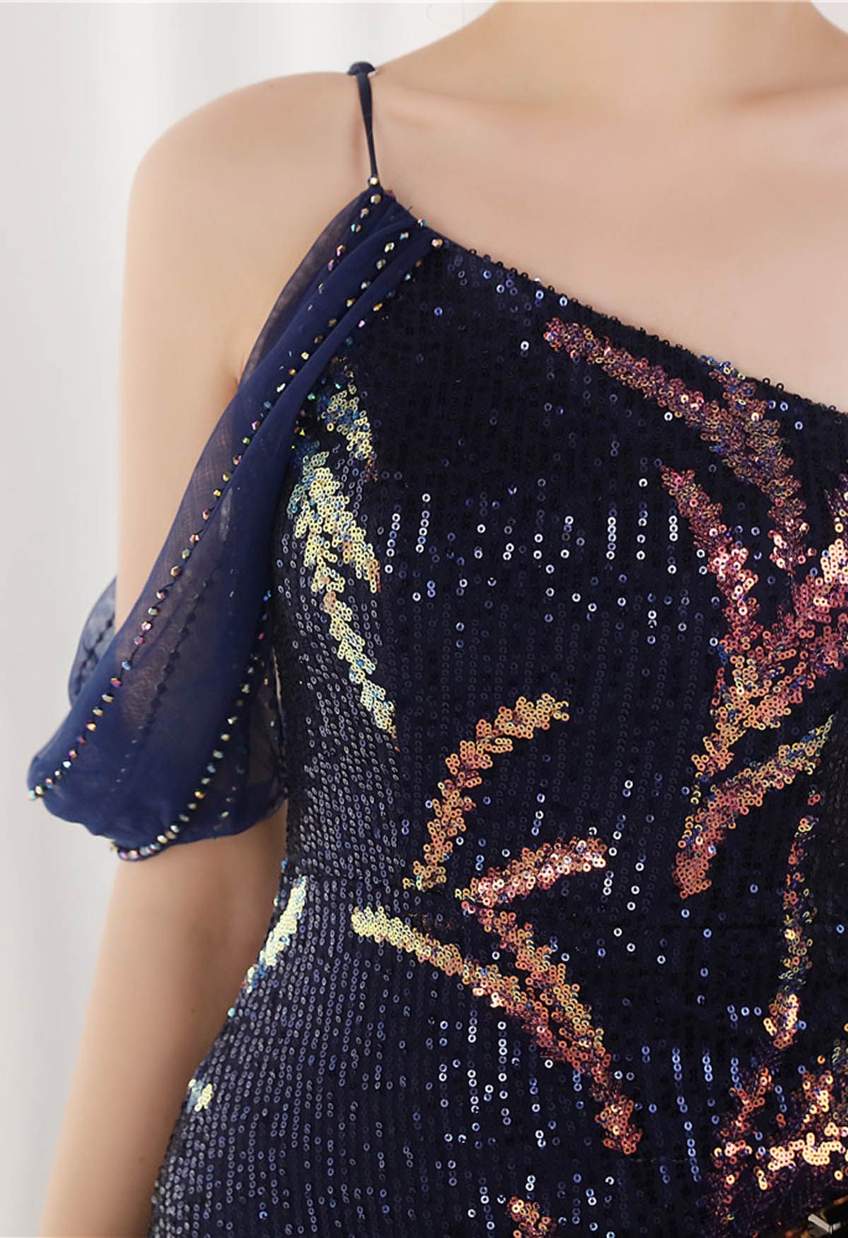 One-Shoulder Front Slit Sequined Maxi Gown in Navy