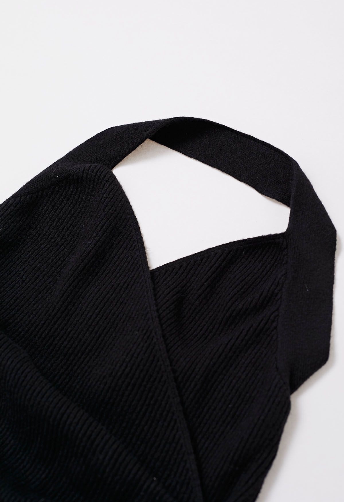 Crisscross Halter Neck Ruched Knit Dress and Shrug Set in Black