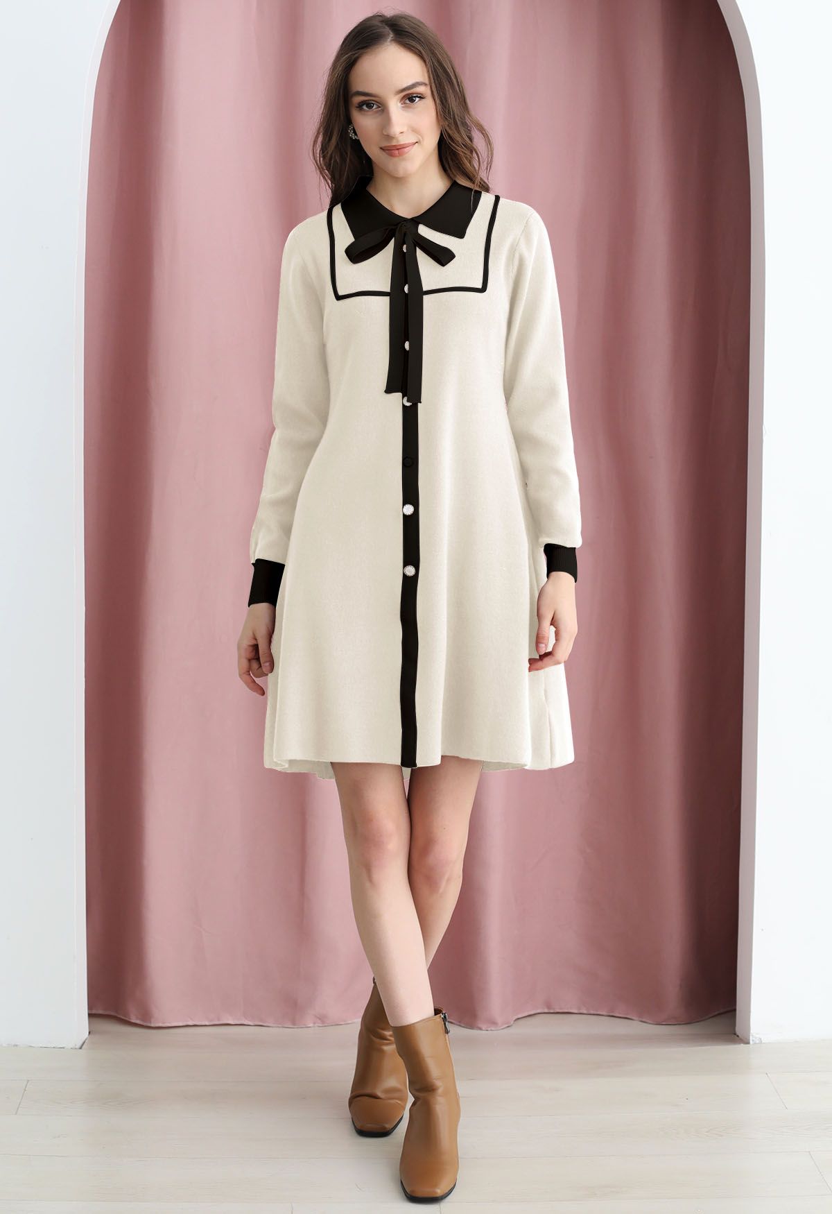 Contrast Edge Polo Knit Dress in Cream