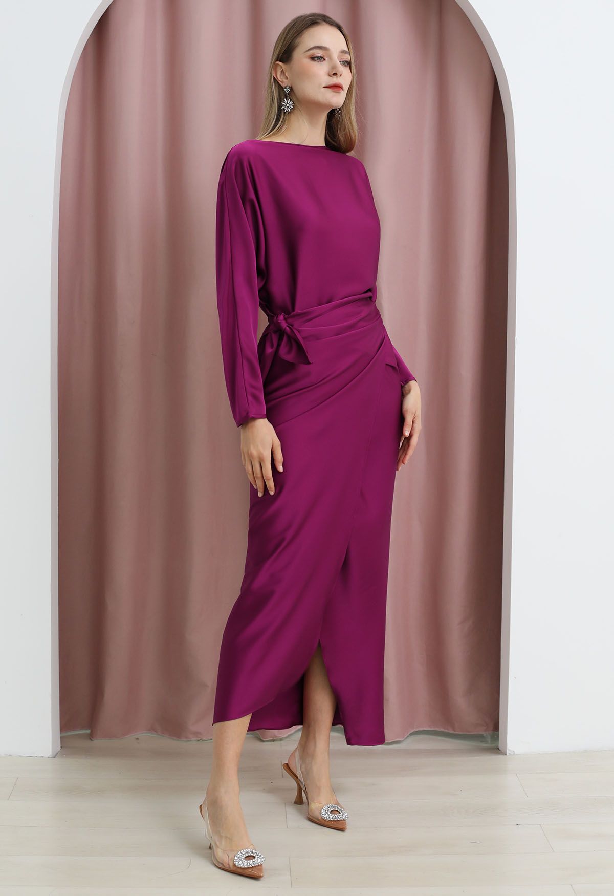 Satin Boat Neck Wrapped Waist Maxi Dress in Magenta