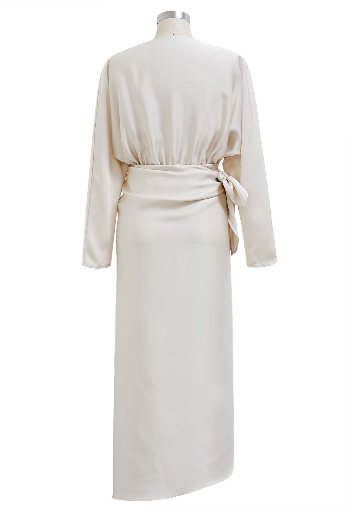 Satin Boat Neck Wrapped Waist Maxi Dress in Ivory