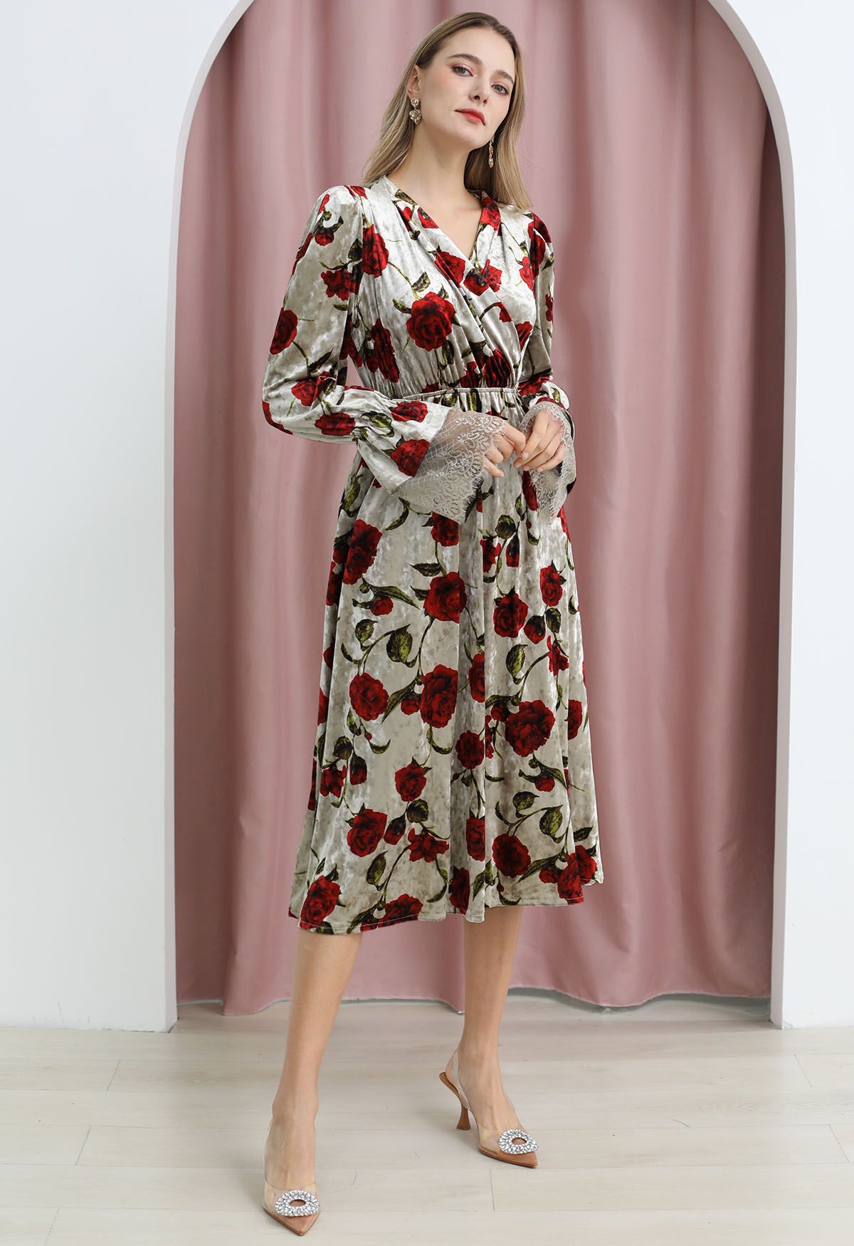Rose Print Faux-Wrap Velvet Midi Dress