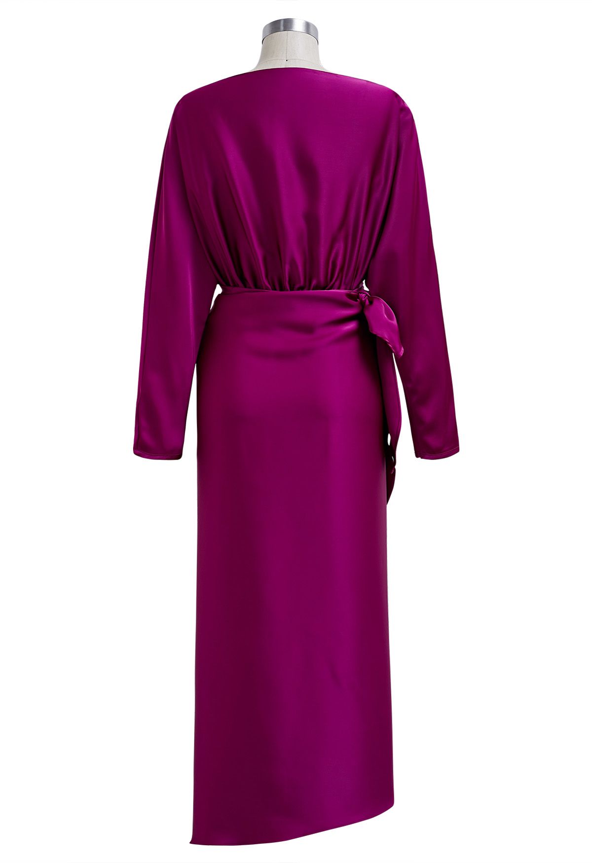 Satin Boat Neck Wrapped Waist Maxi Dress in Magenta