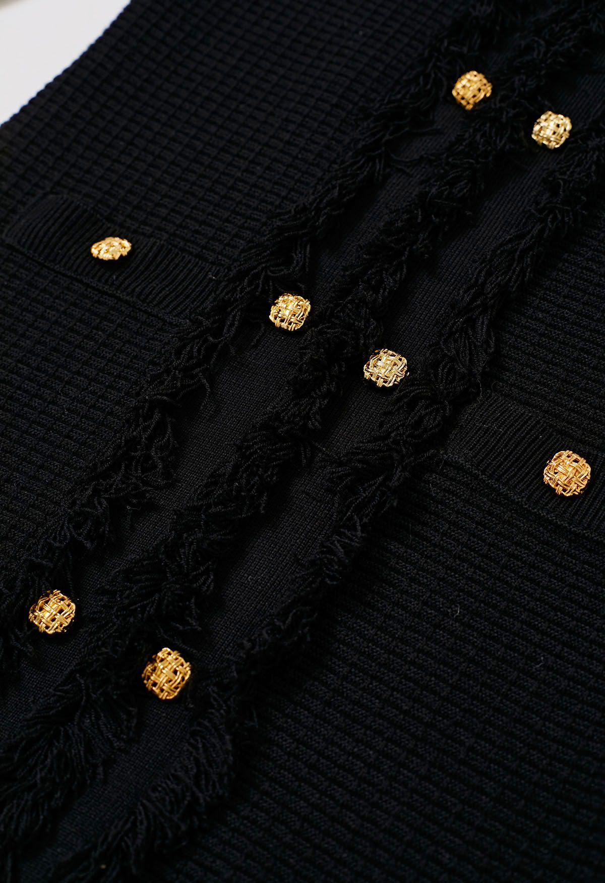 Fringe Edge Golden Button Waffle Knit Dress in Black