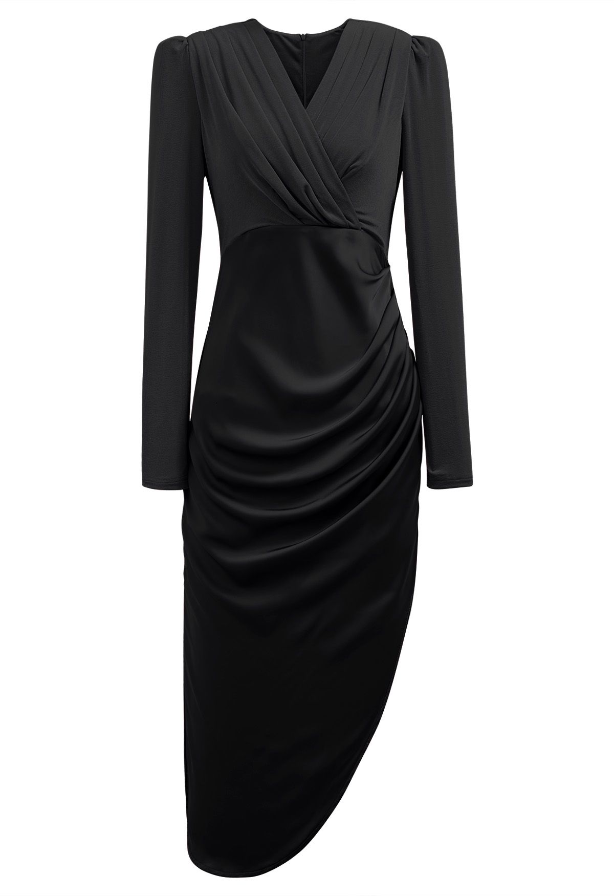 Velvet Spliced Asymmetric Hem Satin Dress in Black