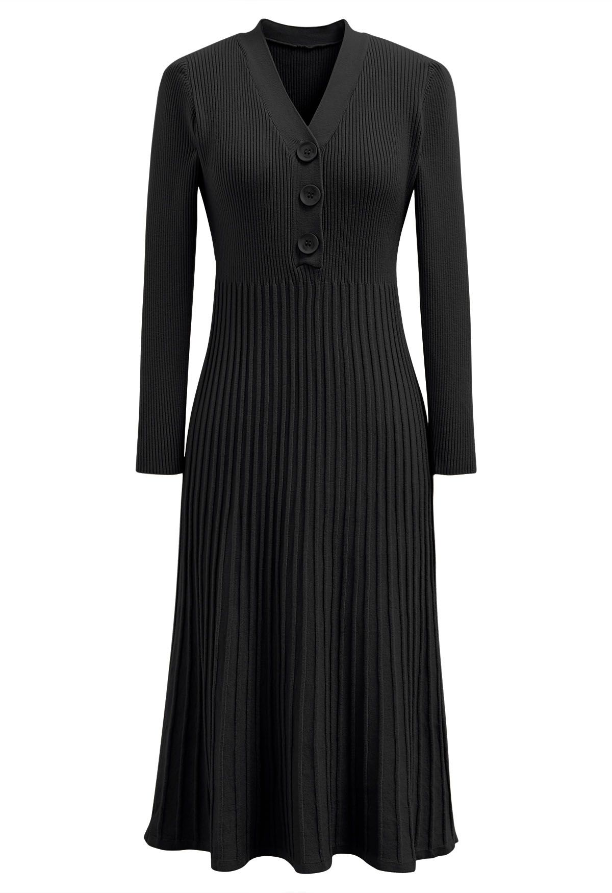 Button Detail Ribbed Knit Dress in Black