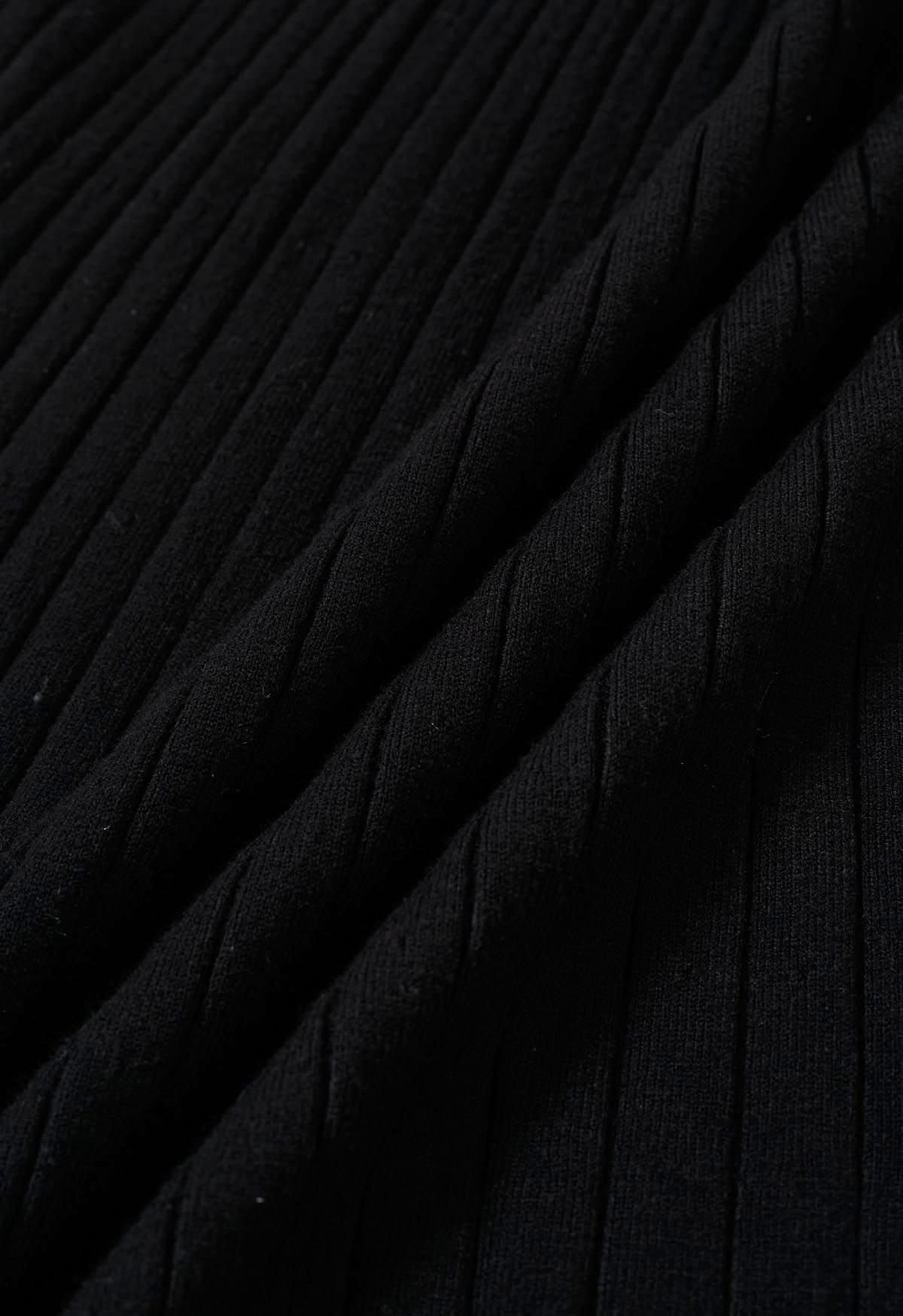 Collared Braided Edge Knit Midi Dress in Black