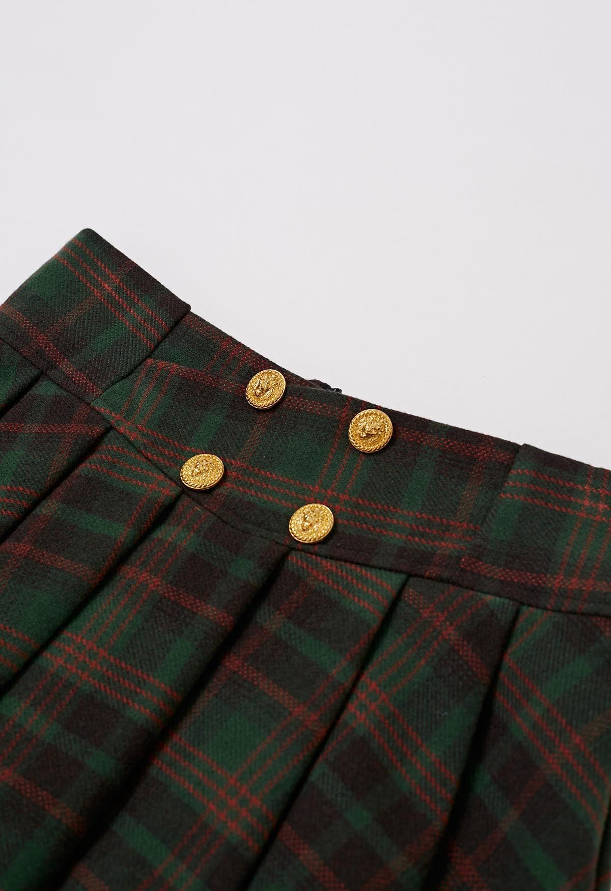 Golden Button Wool-Blend Pleated Mini Skirt in Green Plaid