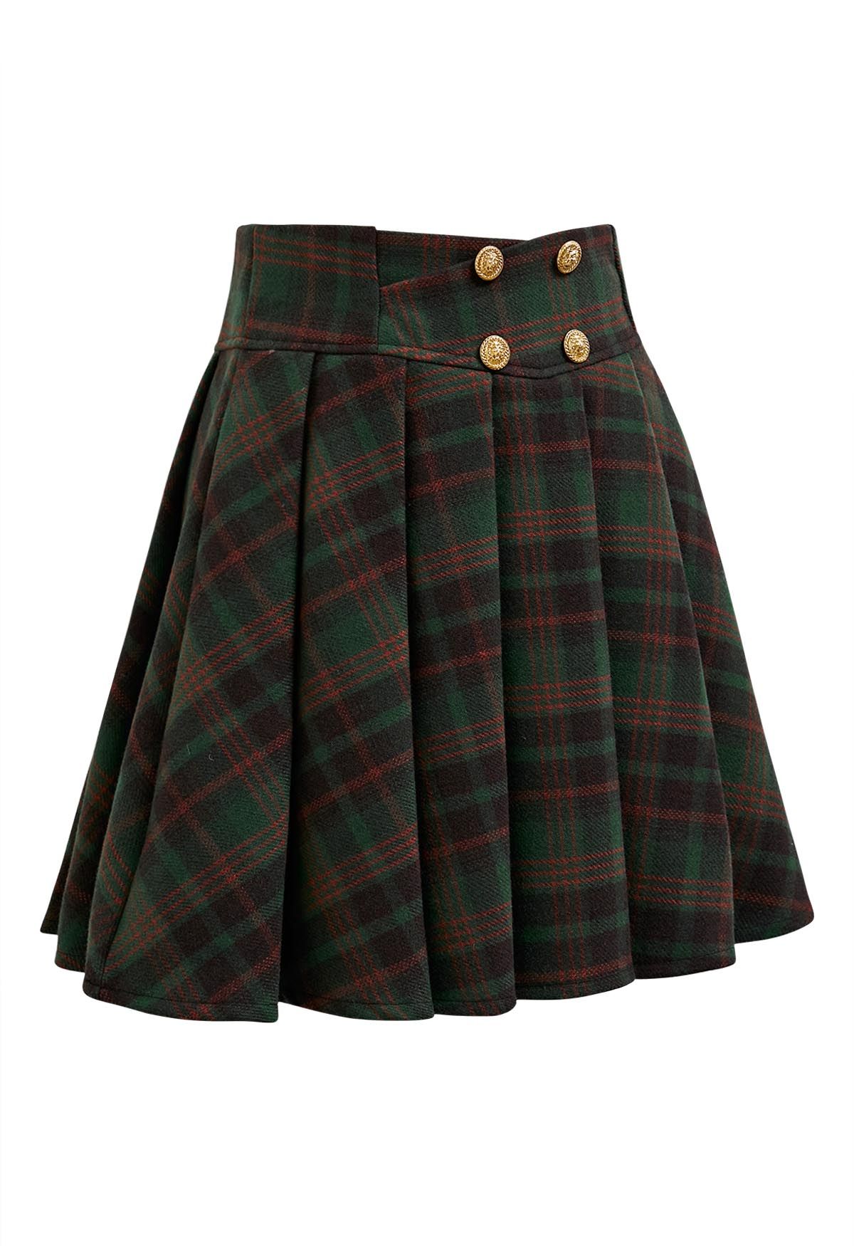 Golden Button Wool-Blend Pleated Mini Skirt in Green Plaid