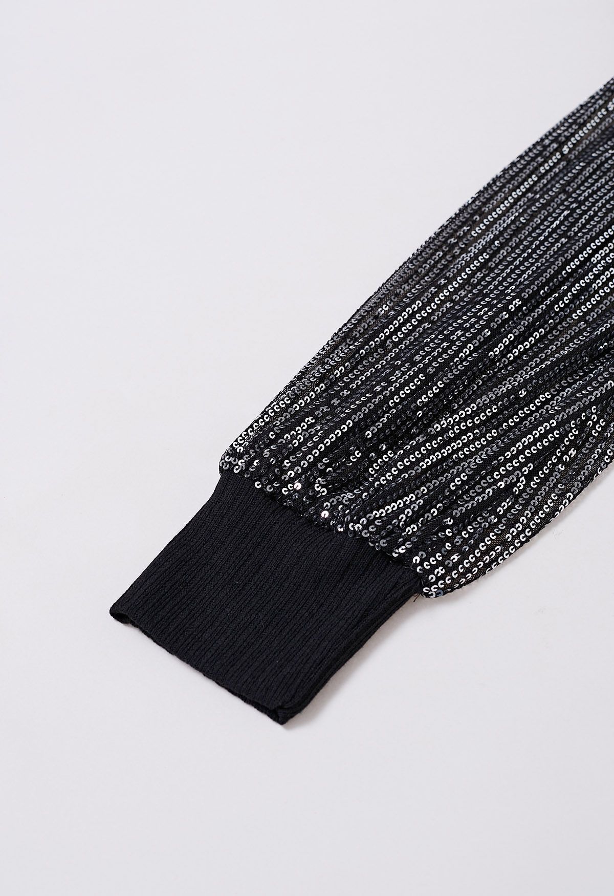 Sequin Mesh Sleeves Mock Neck Knit Top in Black
